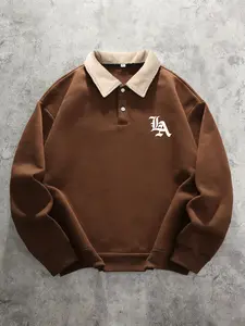 Men's Fall Winter Collared Polo Neck Sweatshirt, Fashion Classic La Letter Print Design, Comfortable Fabric, Casual Long Sleeve, Daily Wear, Casual Streetwear Looks