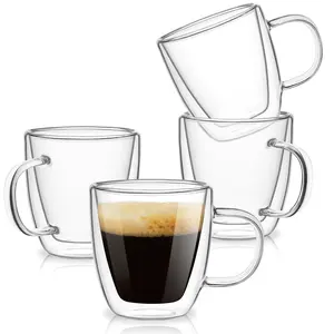 Espresso Cups Set Of 4  Double Wall Hand Blown 5.5oz Shots Glass Coffee Mugs With Handle For Cappuccino Latte Tea