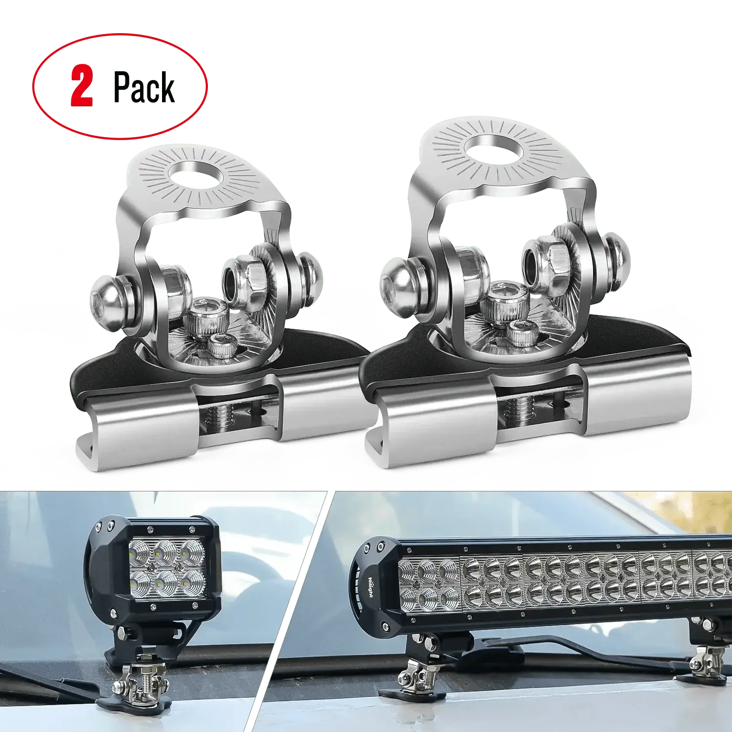 Nilight Universal Fit Pillar Hood Clamp Holder Mount Brackets (Pair, 2 x 304 Stainless Steel Brackets), 8mm, Rubber Padding, 2 Hex Allen Wrenches, Easy Installation, Stainless Steel, Ample Mounting Room for LED Light Bars & Fog Lights