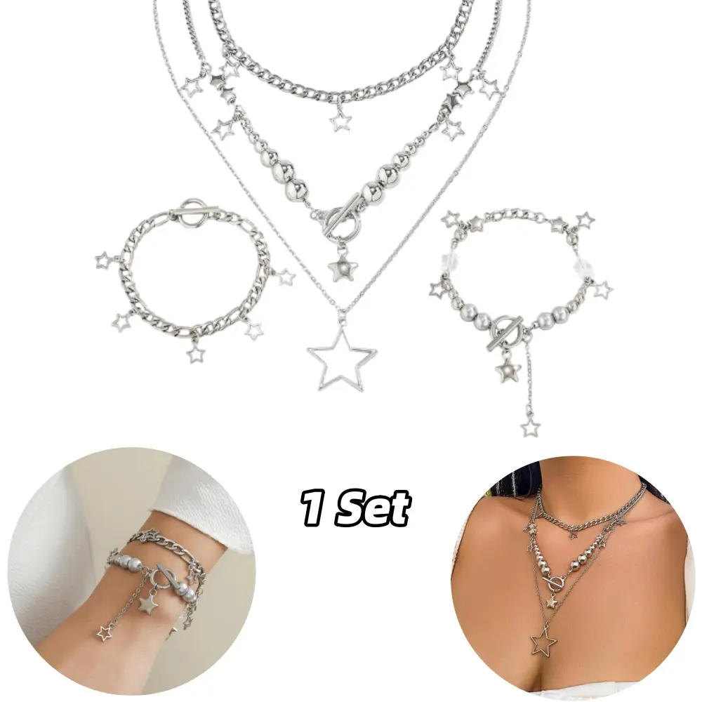 3 Pcs Silver Star Necklace Bracelet Star Shaped Pendant Necklace Set Round Bead Metal Chain Accessory Jewelry Set Fashion Accessories