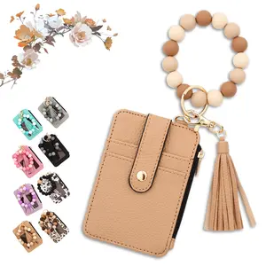 Boho Style Wallet Keychain Wristlet for Women, Slim RFID Credit Card Holder Purse Beaded Tassel Keychain Bangle Key Ring for Men Women Gift