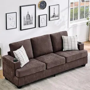 Garvee Modern 89-inch 3-Seater Sofa for Living Room with Deep Seat Comfort, Chenille Upholstery, Cup Holders, and Side Storage Pockets - Ideal for Apartment Lounge in Brown