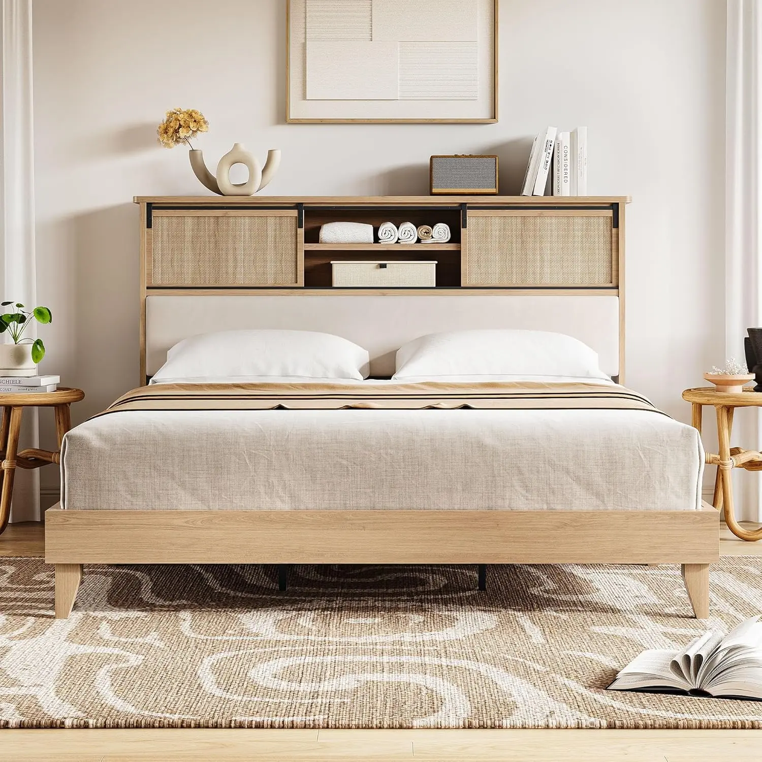 Gaomon King Size Boho Bed Frame - Sturdy Solid Wood Platform Bed with Sliding Door Shelf Storage Headboard, Noise-Free, No Box Spring Needed, Easy Setup, Unique Bedroom Furniture