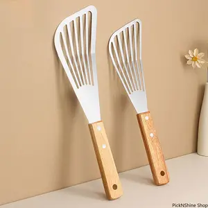 1PC Fan-shaped Stainless Steel Fish Frying Shovel, Wooden Handle High Temperature Resistant Spatula, Multifunctional Household Kitchen Cooking Tool for Frying Fish and Food