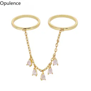 Elegant Tassel Chain Double Ring, Minimalist   Two-Finger Ring with Waterdrop Charms Teardrop Charms