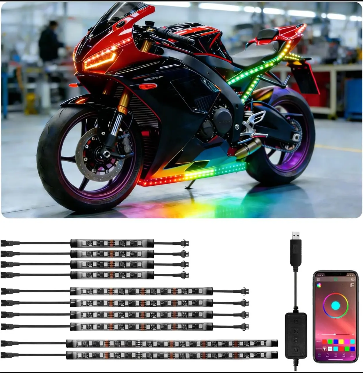 10Pcs Motorcycle LED Underglow Kit - USB Plug & Play, RGB Colors, App Control, Rainbow Effect Ride Decor Strip Lights for Harley Honda Suzuki Kawasaki
