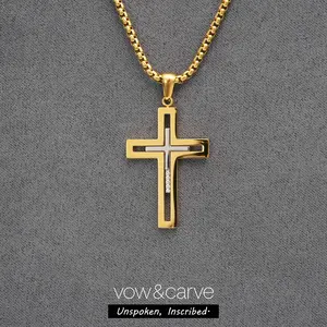 Men's 316L Stainless Steel Double-Layer Hollow Cross Necklace, 18K Gold Two-Tone Iced Zircon Faith Pendant with 3mm Box Chain, Waterproof Hypoallergenic Jewelry Gift for Him