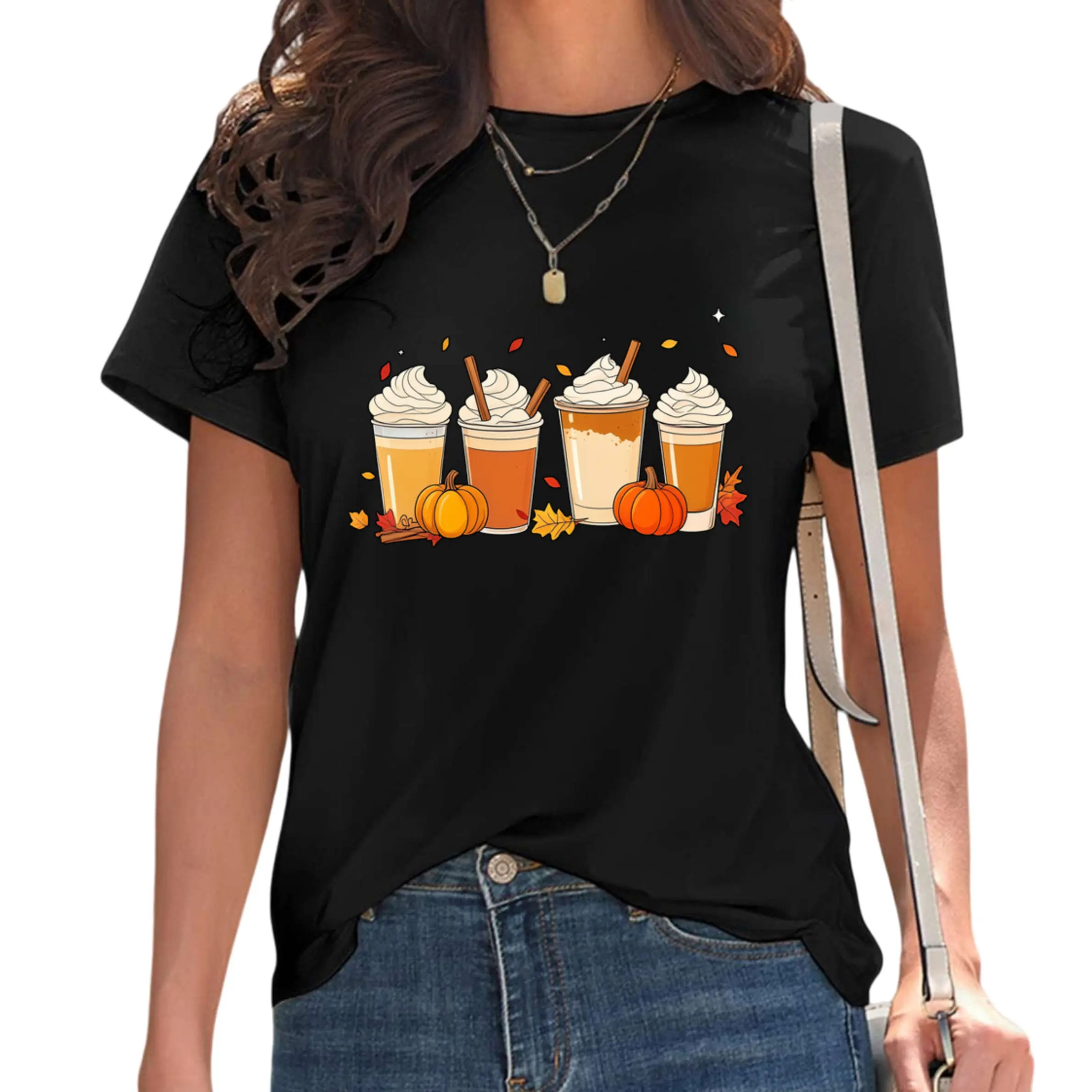 Autumn Coffee TShirt Adorable Fall Tee Coffee Enthusiast Top Halloween Pumpkin Latte Mug Pumpkin Spice Tee Thanksgiving Top4Retro Casual Short-sleeved T-shirt with a Round Neck and Printed Pattern, Suitable for Daily Commuting and Outdoor Activities