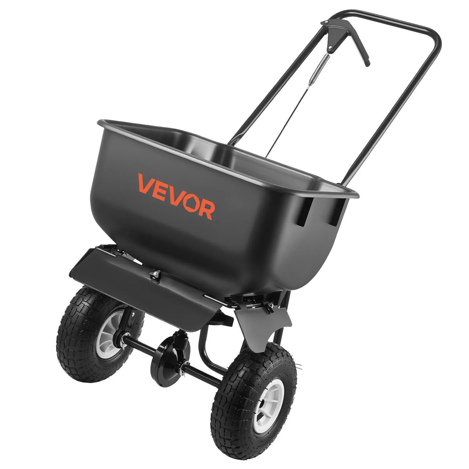 VEVOR Walk-Behind Push Lawn Broadcast Spreader, 12ft Wide Spread, 80lbs Load Capacity, 10in All-Terrain Tires, Adjustable Settings, Outdoor Garden Tool for Seed, Fertilizer, Salt Ice Melt, Detachable Handle, Lawn Seeding