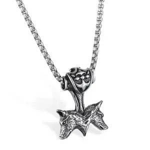 OIDEA Men Dual Wolf Head Thor Hammer Pendant Necklace Stainless Steel Viking Norse Mythology Jewelry Gift