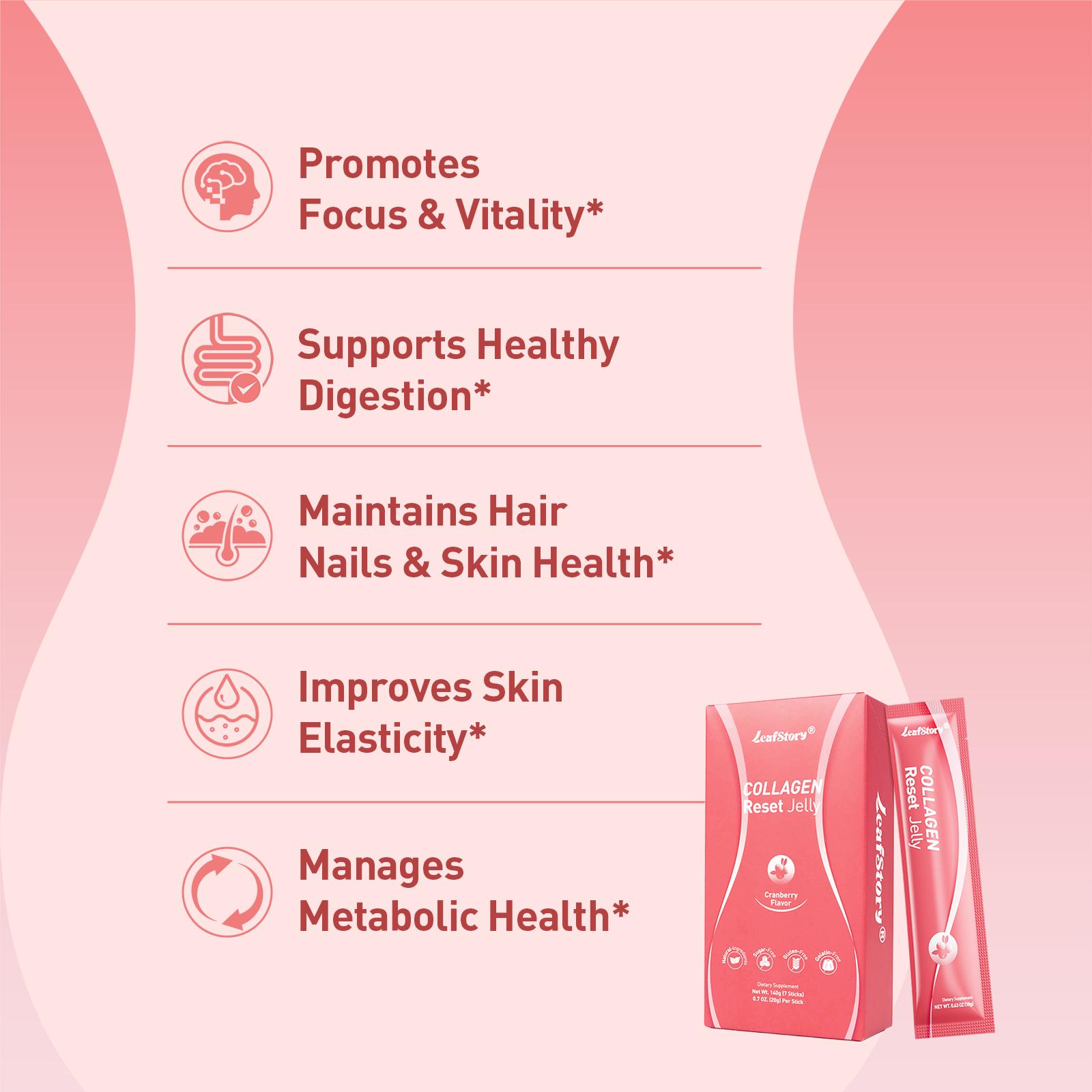 Leafstory Collagen Reset Jelly (7 Sticks): Cranberry Flavor, Collagen, Support Digestion & Gut Health, Skin Elasticity, Hair & Nails, Dietary Fiber, Chia Seeds, Sugar-Free, Gluten-Free, Non-GMO, Gelatin-Free, Natural Ingredients-X