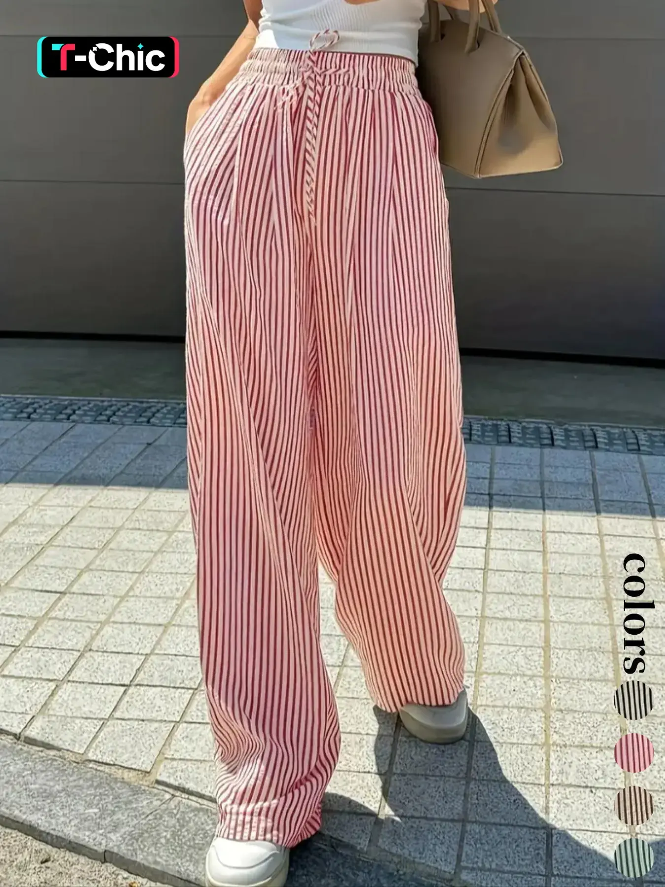 Women's Wide Leg Woven Pants with Adjustable Elastic Drawstring Waist, Casual Fit Striped Straight-Leg Long Pants, Spring & Fall Fashion, Casual Minimalist Trousers, Casual Bottom, Casual Fashion Bottoms