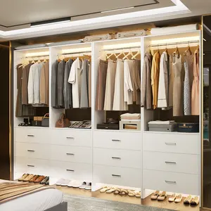 Cyclysio Modular Closet System with Wooden Drawers ＆ Hanging Rod, Freestanding Walk-in Closet Organizer Wardrobe Clothes Rack for Small Space