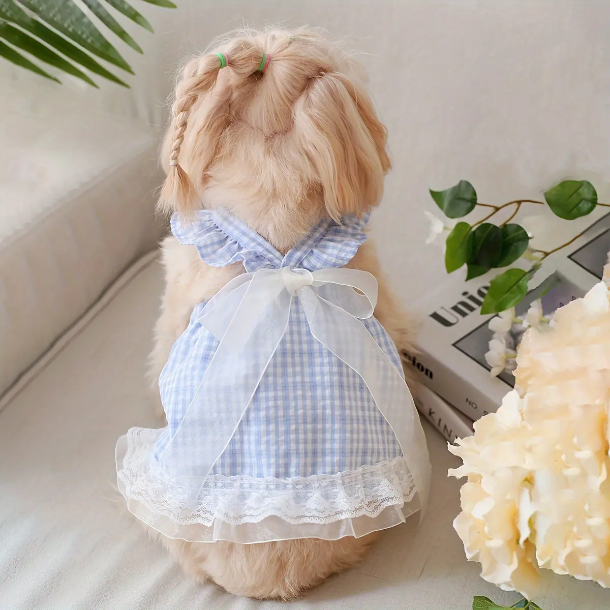 Dog 1-Piece Checkered Plaid Fabric Dress, Fairy-Style Lace Bowknot Design, Party Wear for Home Events & Outings, Hand Wash Only, Suitable for Small-Medium Dogs, One-Piece