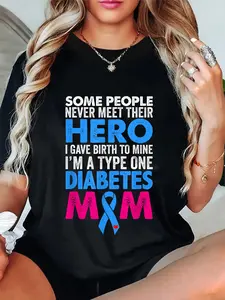 100% Cotton Type 1 Diabetes Mom Mother T1D Diabetic Awareness Women T-Shirt Round Neck Short Sleeve T-Shirt Women's Men Graphic Tee
