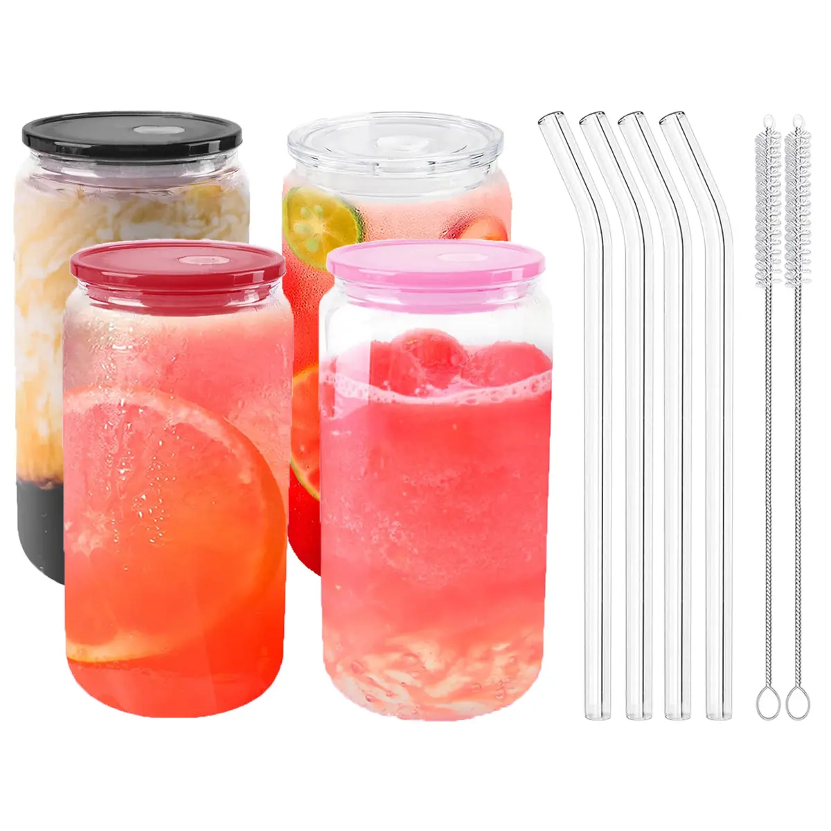 Glass Cups with Lids and Glass Straw, Stylish Glass Cups, 1/4 Pack Beer Can Drinking Glasses, 16oz Beer Glasses, Iced Coffee Cups, Glass Tumblers Cups for Cocktail, Whiskey, Tea