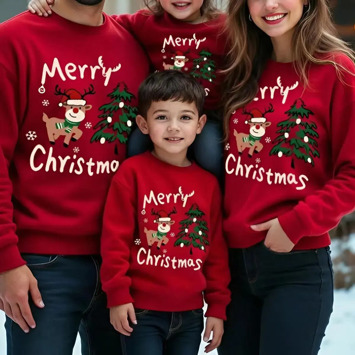 Loose-fitting crew neck sweatshirt with a casual minimalist Youth and Adult Sweatshirt or T-shirt, suitable for Christmas, with a reindeer print, set family Christmas, Gift family, Merry Christmas Shirt, Family shirt, Trending tee, youth clothing