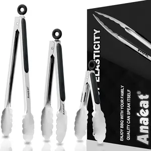 Locking Tong Set of 3 - Stainless Food Tongs with Long Handle & Non-Slip Grip for Cooking, Baking, Grilling - Heat Resistant up to 480°F