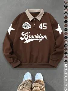 Unisex New York Letter Print Polo Sweatshirt Long Sleeve, Thick Vintage British Style Lamb Fleece Hoodie, Streetwear Casual Trendy Clothing