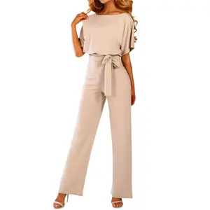 Women's Short Sleeve Bow Tie Wide Leg Cropped Capri Romper Palazzo Pants Jumpsuit