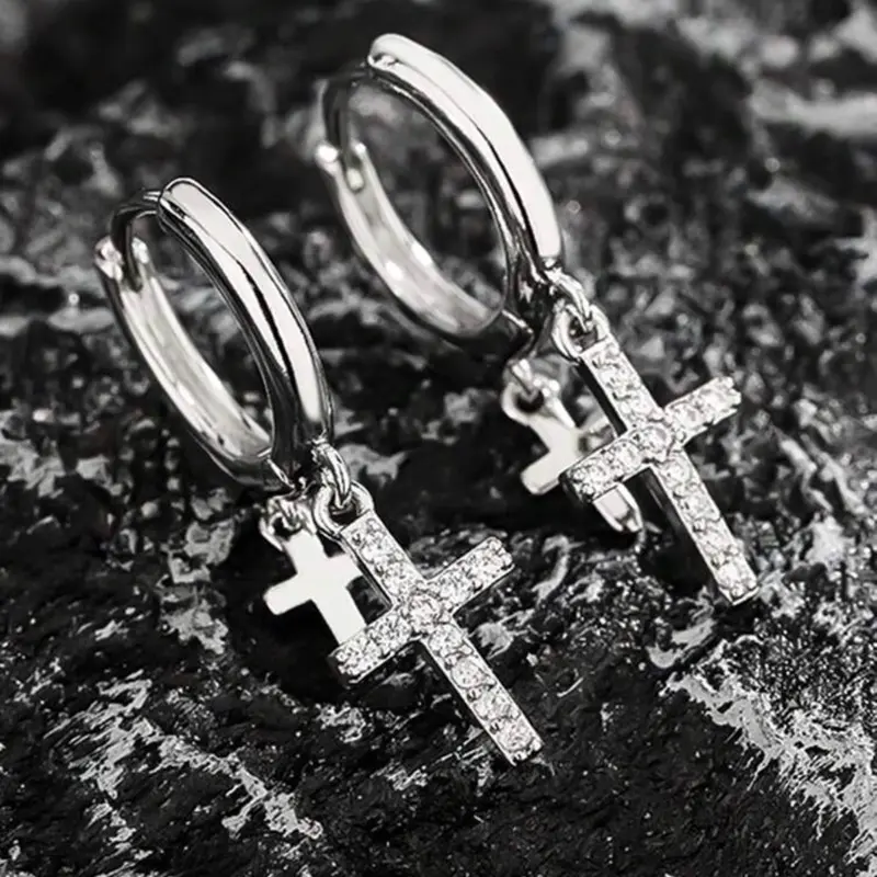1 Pair Minimalist Zirconia Cross Stud Earrings For Men, Double Cross Rhinestone Decorated