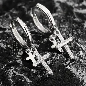 1 Pair Minimalist Zirconia Cross Stud Earrings For Men, Double Cross Rhinestone Decorated