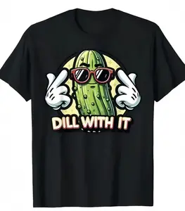 [100% Cotton] "Dill With It" Pickle Humor American Retro Black Short-Sleeved Unisex T-Shirt, Cool Cartoon Graphic, Casual Streetwear for Comedy & Food Enthusiasts, Unique Quirky Culinary Fashion Statement Piece Funny Thanksgiving