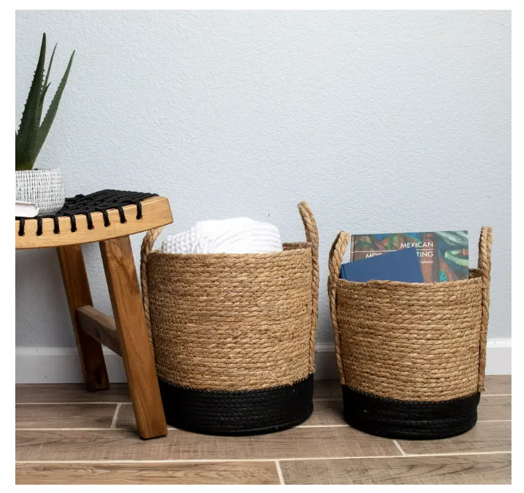 Better Homes & Gardens Set of 2 Round Seagrass Baskets – Natural & Black Storage Bins in Large and Medium Sizes for Home Organization