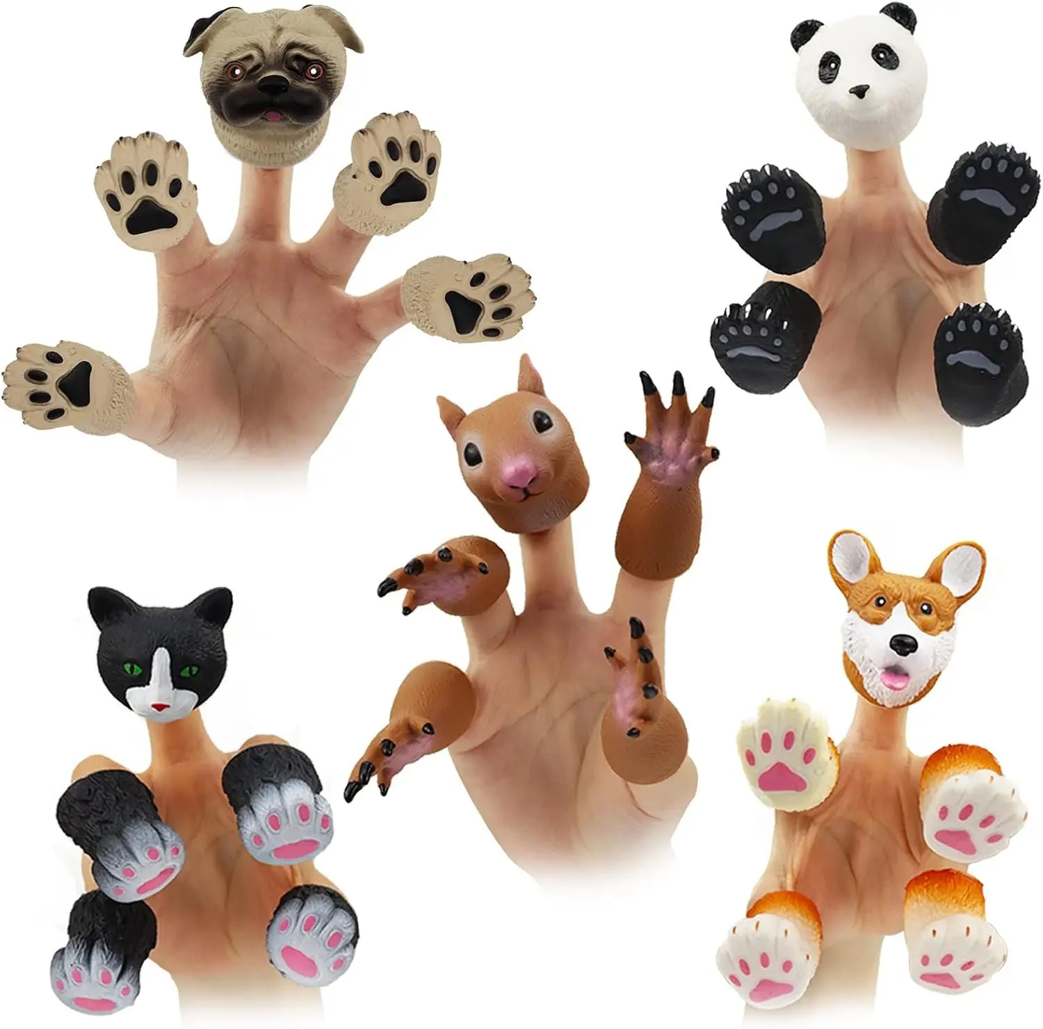 Cute Animal Finger Puppets Toys 5 Set, Including Panda, Squirrel, Cat, Shiba Inu, Pug, Animal Puppets for Story Role Telling, Excellent Gift for Kids