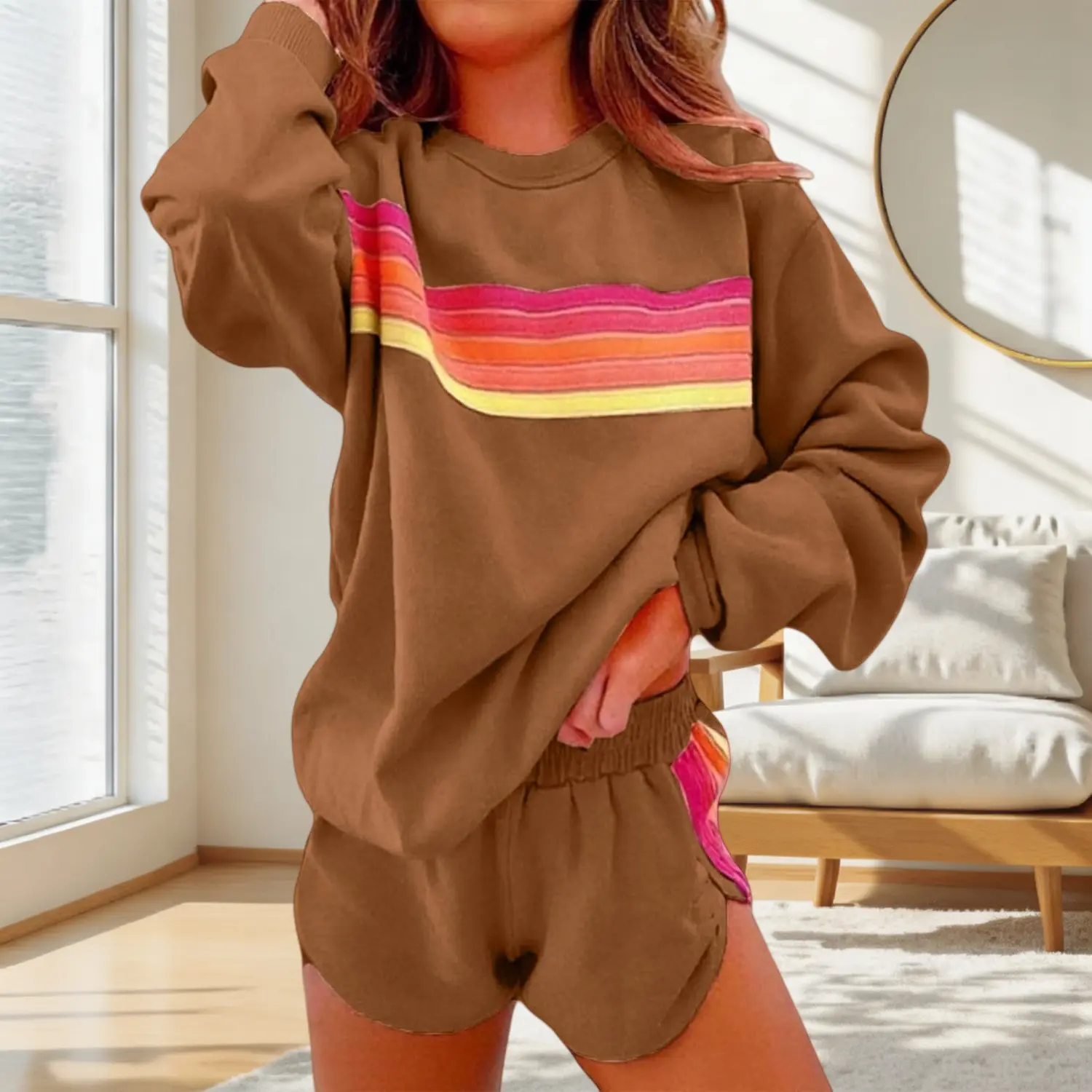 Women's 2-Piece Round Neck Striped Rainbow Pull-On Sweatshirt & Leggings Set - Cloud-Soft Fabric, Smooth, Breathable, Lightweight Long Sleeve, Cute Casual Street Vibe Outfit, Above-The-Knee Trousers