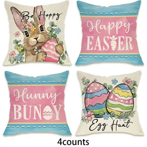 Easter Themed Cushion Cover, 4 Counts/set Rabbit & Egg Pattern Cushion Cover without Filler, Home Decor for Living Room Bedroom, Holiday Themed, Hunny Bunny, Egg Hunt