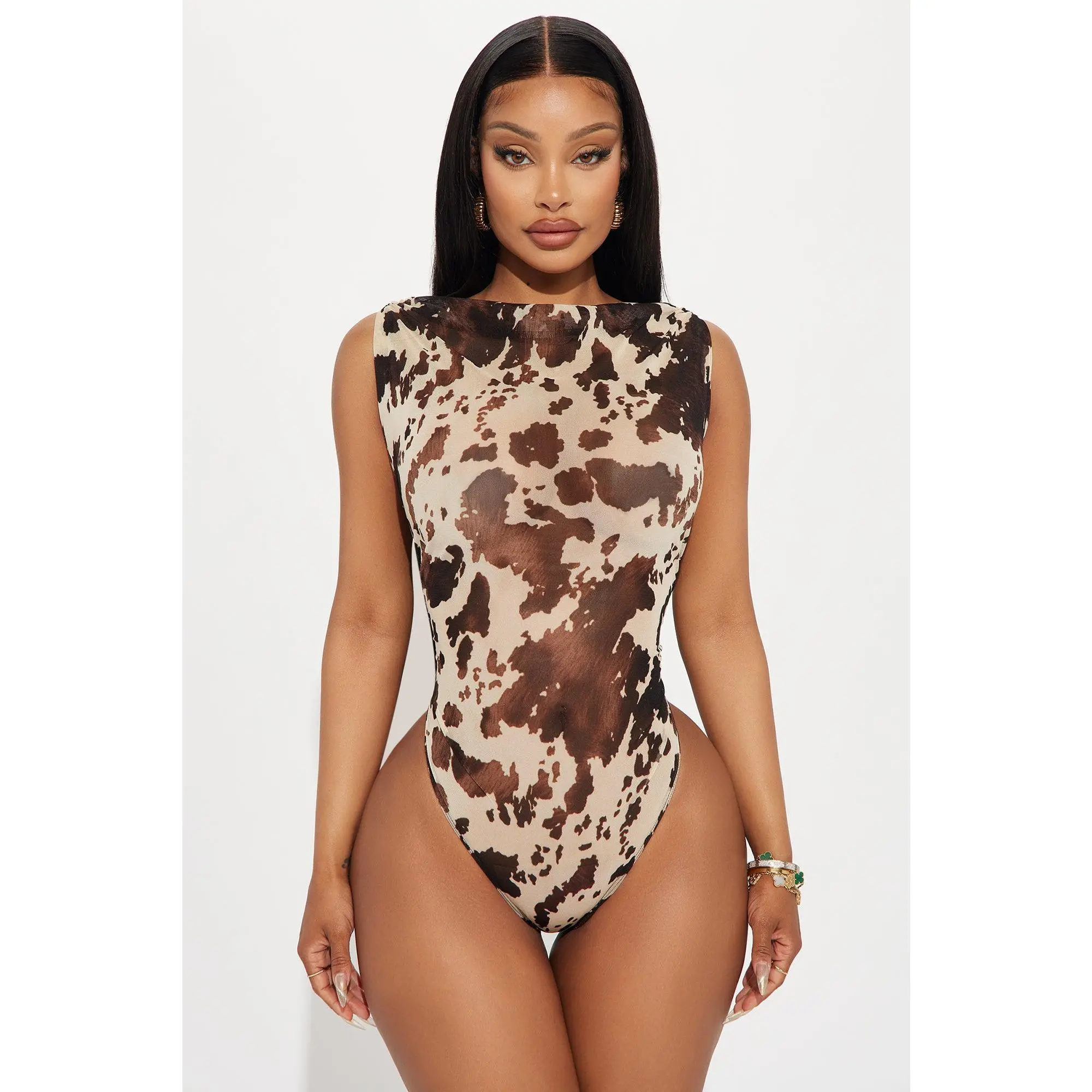Lasso Up Mesh Bodysuit - Brown/combo
