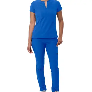Women's Medical Uniform Short Sleeve Top & Skinny Leg Pants Set with 8 Pockets for Healthcare Professionals Contemporary Fit 2 Large Angled Pockets with Self Binding Trim