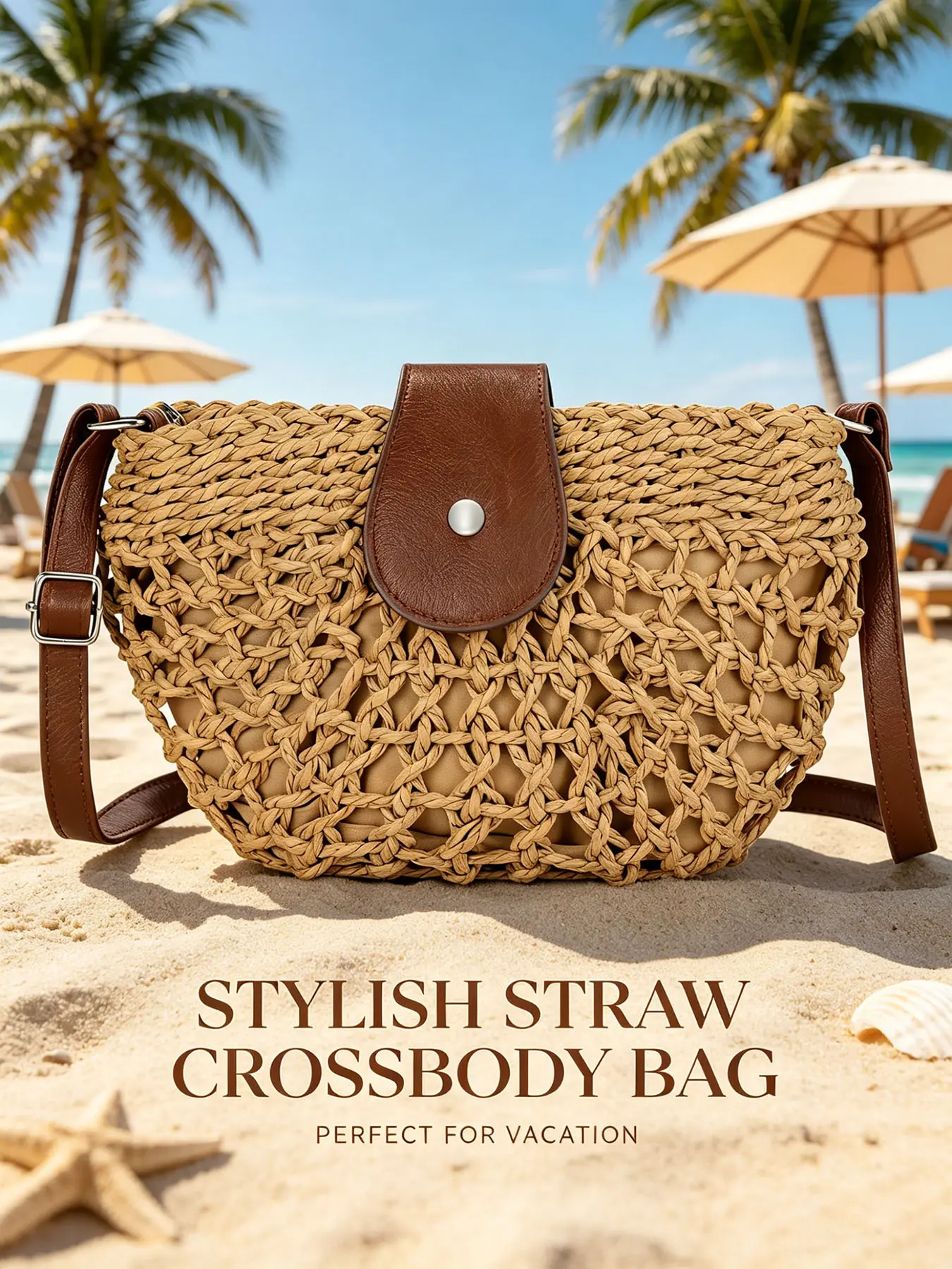 Beach Vacation Straw Crossbody Sling Bag, Faux Leather Detailed Woven Shoulder Purse, Adjustable Strap Casual Bag for Everyday Carry & Outdoor