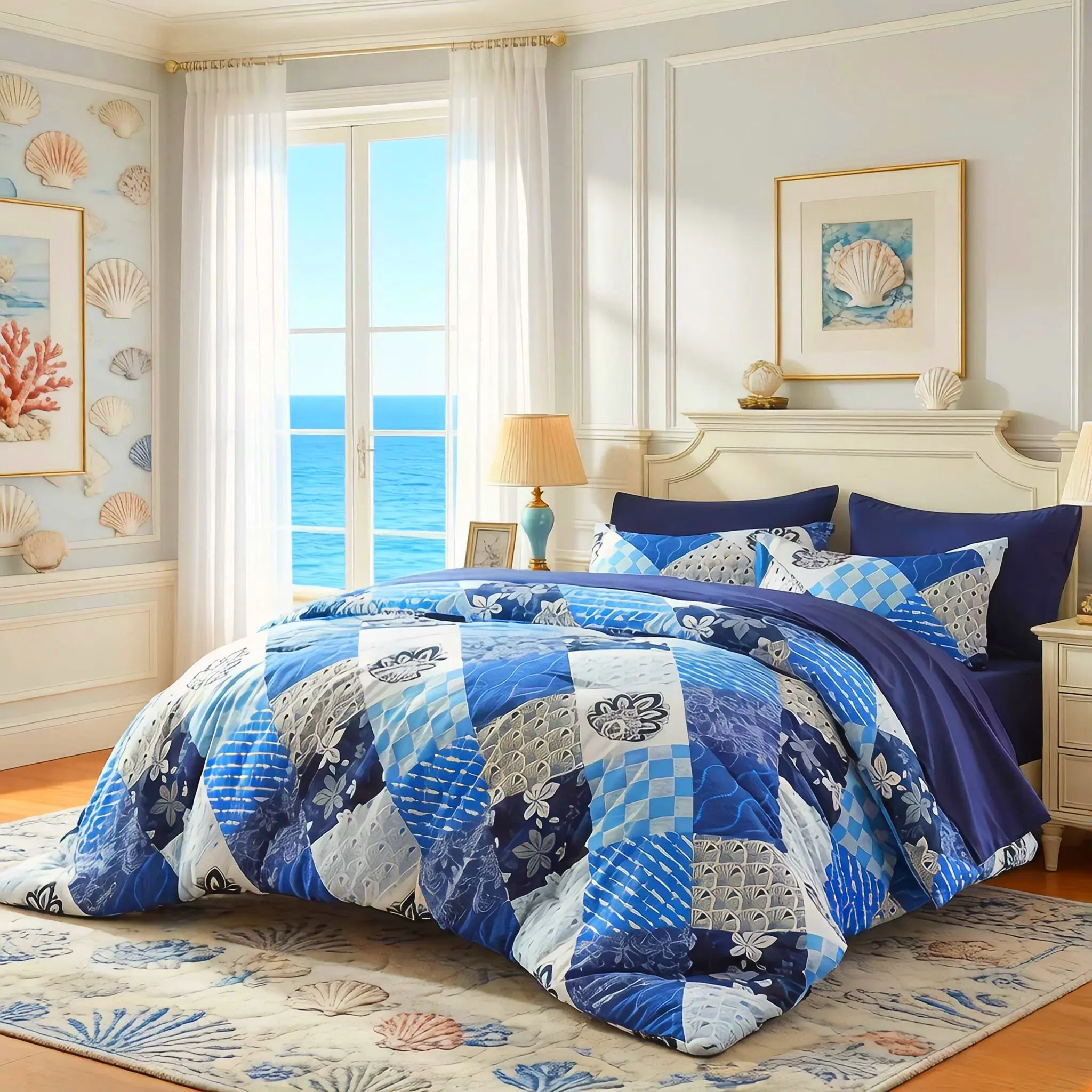Cosybay Blue 7pcs Comforter Set - Vintage Floral Comforter, Fitted Sheet (Fits 6-15 in Mattresses), Cool Sheet, Pillowcases, Ideal for Master Bedrooms, Dorms, Thoughtful Gift for Holidays, Housewarmings, Blue Comforter Set