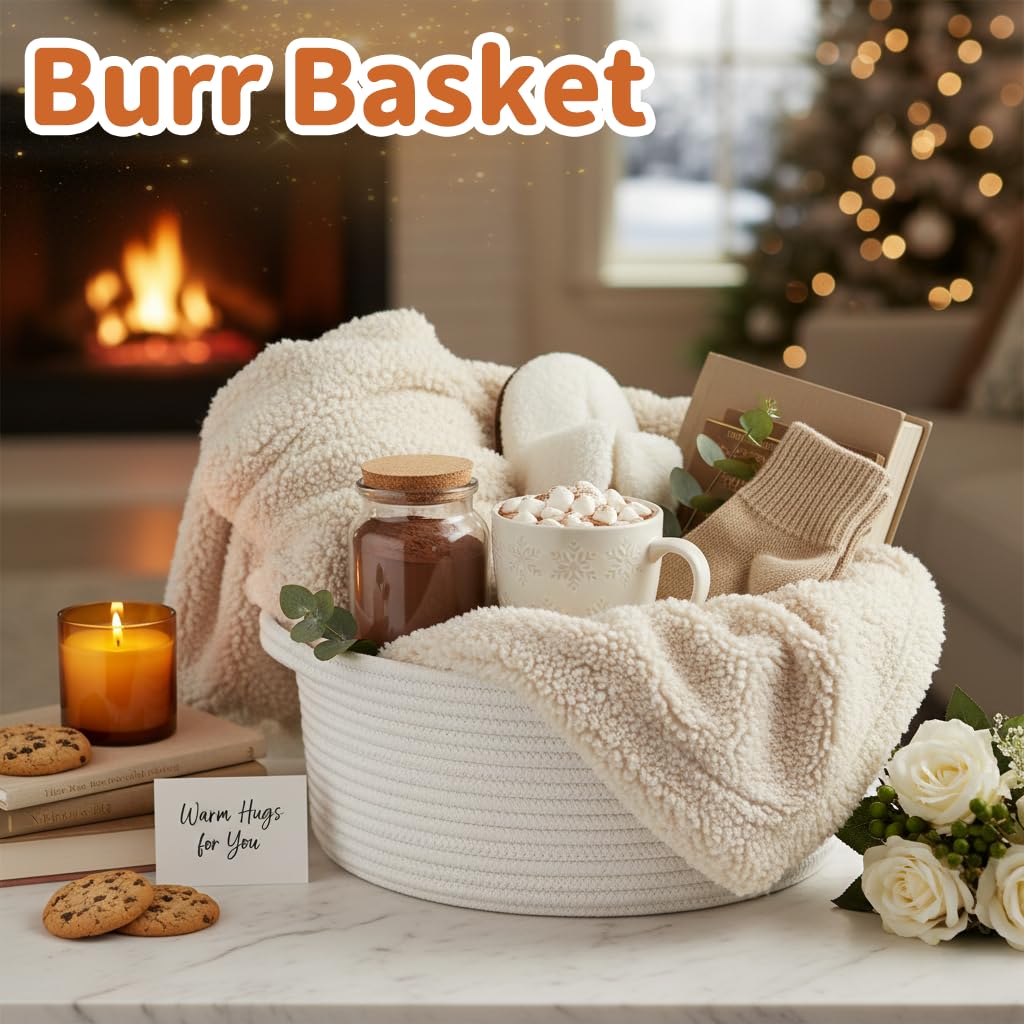 Small Woven Easter Basket with Gift Bags and Ribbons,Durable Burr Baskets for Gifts,Empty Small Rope Basket for Storage 12"X 8" X 5" Baby Toy Baskets with Handles, White