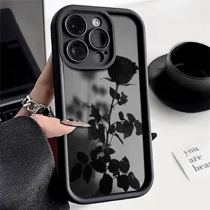 A Minimalist Dark-Themed Black Rose Phone case for iPhone17 Pro Max, Air  16 Pro Max 15 Plus 14 13 12 11 XR XS Shockproof Silicone TPU Bumper Drop Protection Soft Cover
