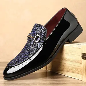 Men's Shiny Pointed-Toe Dress Loafers with Bead Decorations