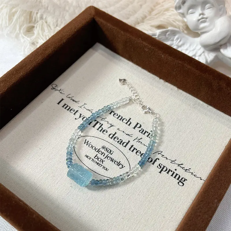 Extremely Fine Bracelet Natural Aquamarine Niche Original DIY Design Barrel Beads Crystal 925 Silver Bracelet Female