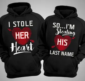 I Stole Her Heart & So I'm Stealing His Last Name Hoodie, Funny Couple Matching Heart Arrow Graphic Design, Romantic Matching Hoodie Set for Couples, Gift for Boyfriend Girlfriend or Husband Wife