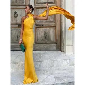 Elegant Solid Ribbon Women’s Halter Neck Dress — Off-Shoulder, Sleeveless, Backless Slim Fit Maxi Dress, 2025 Summer New Arrival, Chic Formal Women’s Wear