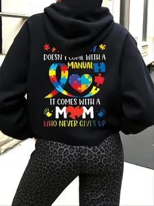 Women's Autism Awareness Print Zip Up Hoodie, Casual Long Sleeve Hooded Sweatshirt for Fall & Winter, Women's Clothes for Daily Wear