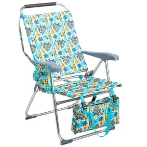 17" High Seat Folding Beach Chair with Vintage Summer Print Aluminum 7-Position Recliner Headrest Storage Tote for Beach Camping Poolside BBQs