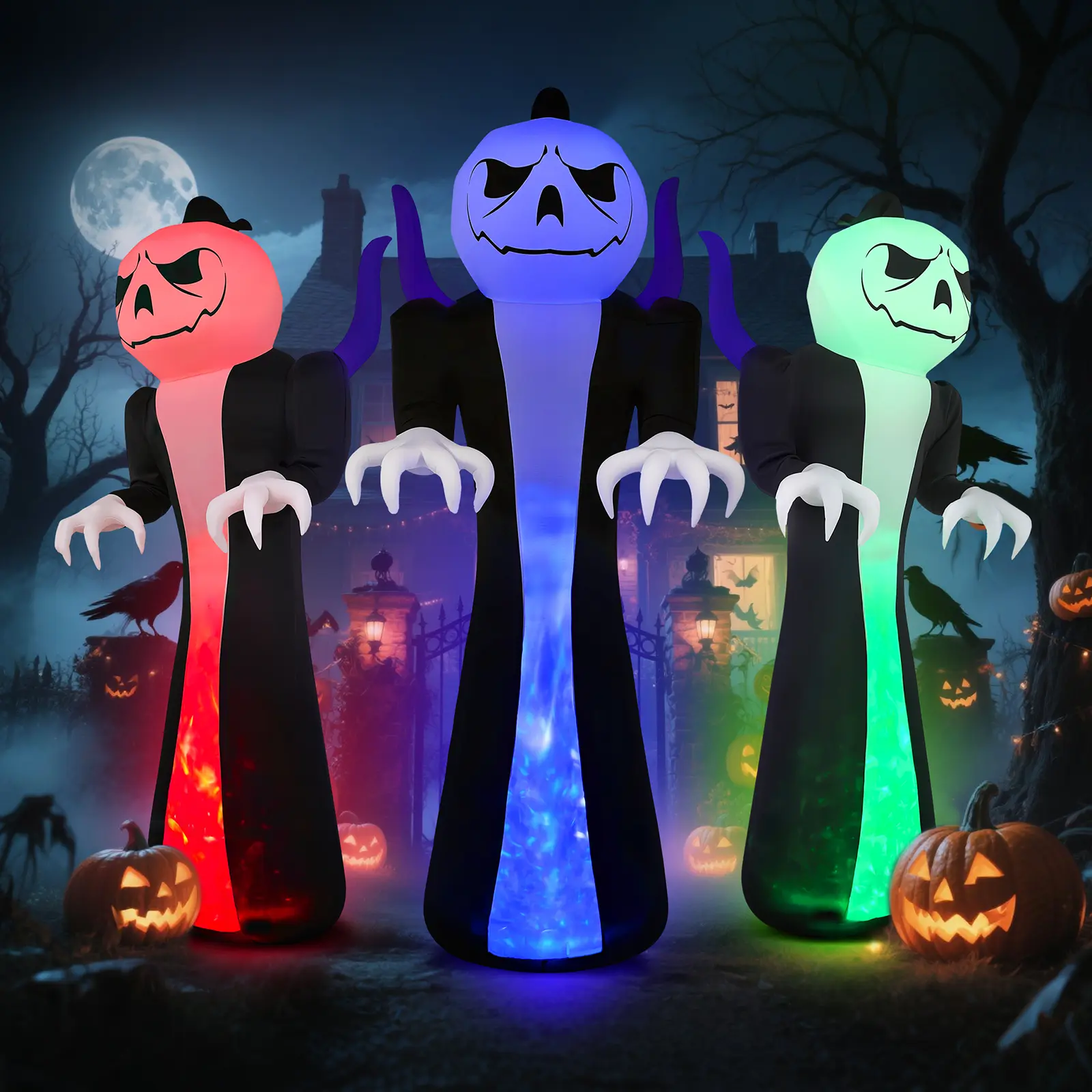 VINGLI Halloween Inflatable 12FT Pumpkin Reaper with 3-Color Flame LED Lights, Spooky Blow Up Outdoor Yard Decoration