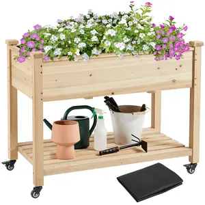 【4 Casters & 2 Brakes】Yaheetech Raised Garden Bed Elevated Garden Bed with Wheels Fir Wood Planting Bed Wood Planter Box for Vegetables Flowers Herbs Gardening Tool ,Wood