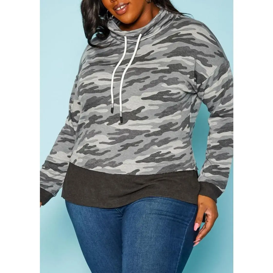 Hi Curvy Plus Size Camo Pattern Funnel Neck Sweater