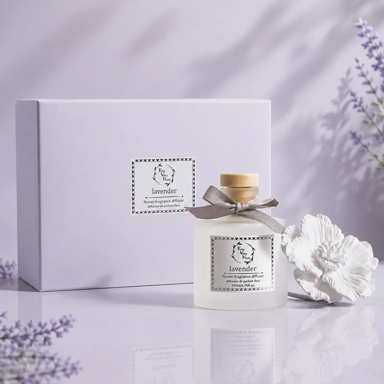 Pretty Valley Home-Reed Diffuser Sets, 6.76 Fl. Oz / 200ML Ceramic Diffuser Flower Gift Box, Home Reed Diffuser for Bathroom Office Bathroom Living Room Decor (Lavender Purple)