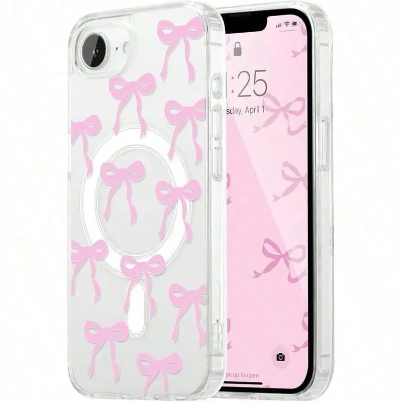 Magnetic For iPhone17E 17promax 17air /16/15/14/13/12/11 Pro/Plus/Pro MaxCase, Bow Cute Case Compatible With, Wireless Slim Clear Ribbon Aesthetic Phone Cover Anti-Yellowing Shockproof Protective Cover For Women Girl -Y2K Pink