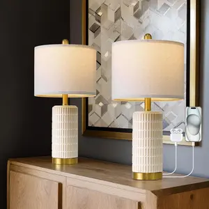 Small Bedside Table Lamps with USB Ports for Bedroom, 21.5'' White Nightstand Lamps for Night Stands, Modern Ceramic Bedroom Lamps for Living Room End Table, White and Beige