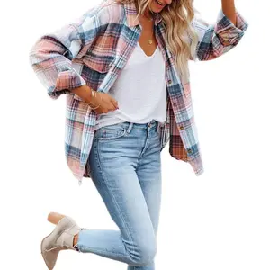 Women's Pink Black/Pink Plaid Flap Pockets Shacket Comfy Casual vintage tops tweed blazers-Winteroutfit